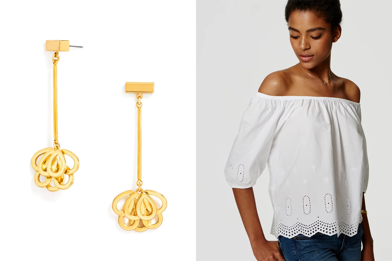 Baublebar earrings, $32; baublebar.com . LOFT top, $54.50; loft.com .