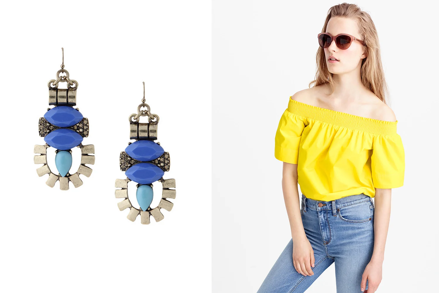 Olive and Piper earrings, $24; oliveandpiper.com . J.Crew top, $88; jcrew.com .