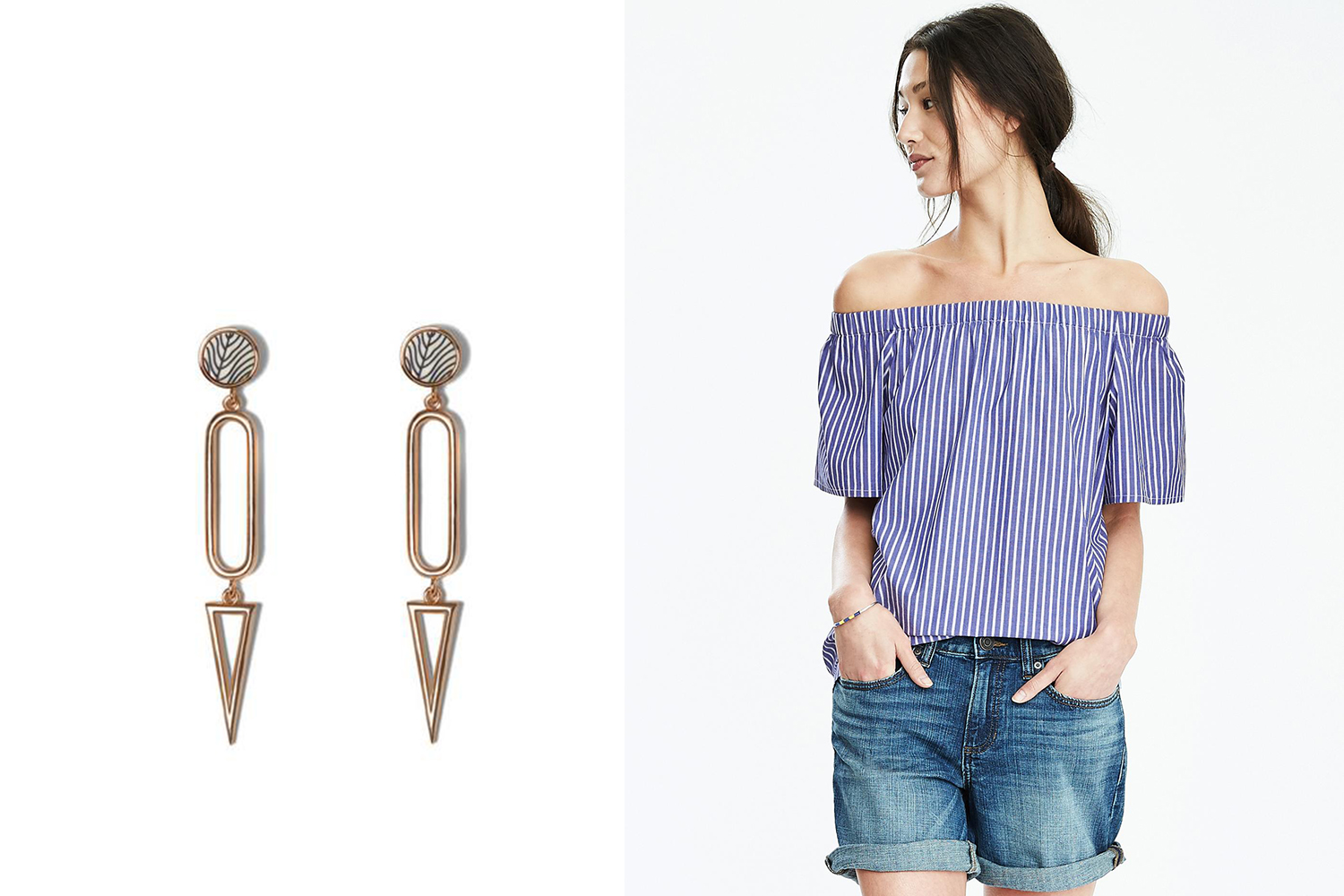 Vince Camuto earrings, $58; vincecamuto.com . Banana Republic top, $78; bananarepublic.com .