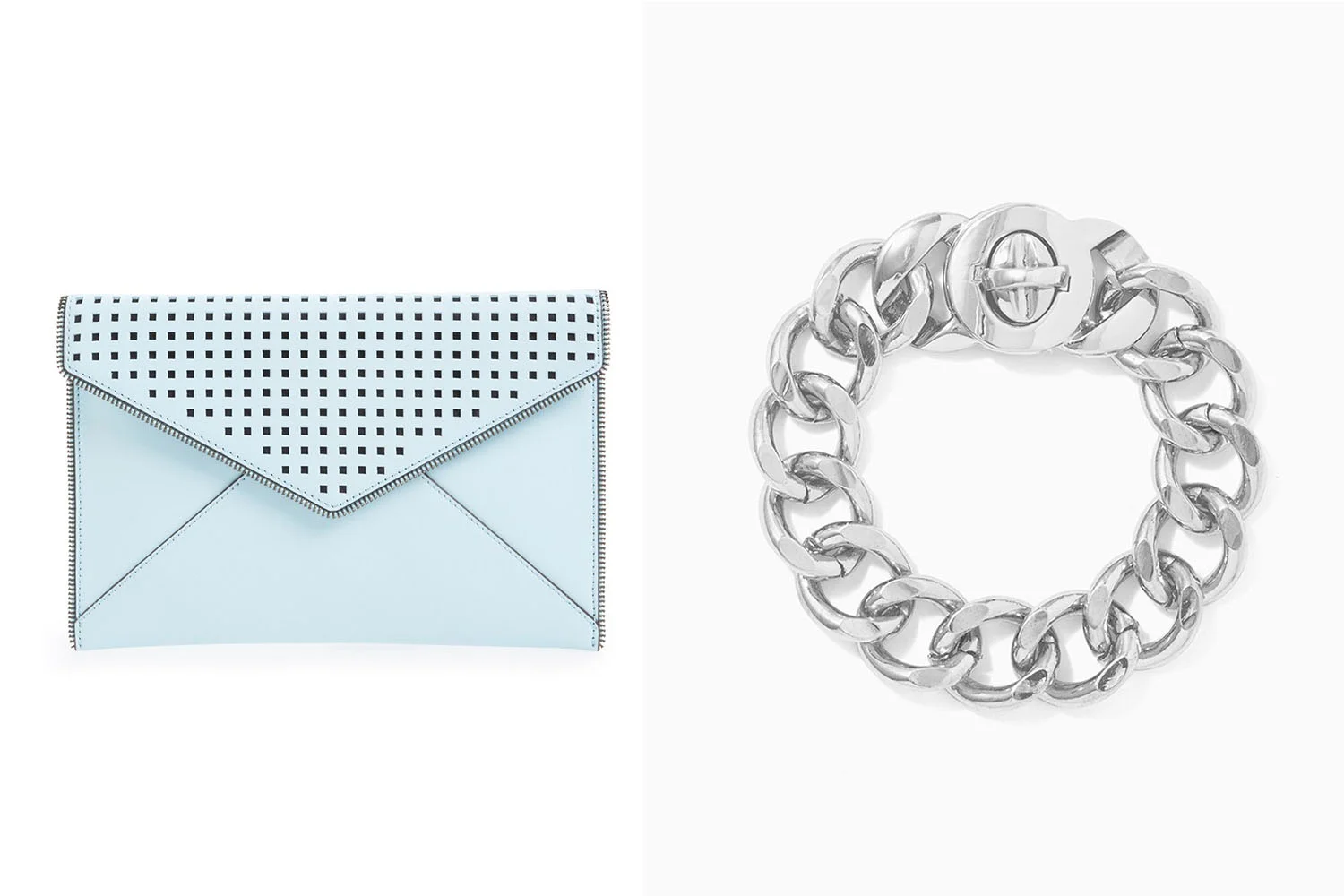 Rebecca Minkoff clutch, $125; nordstrom.com . Charming Charlie bracelet, $10; charmingcharlie.com .