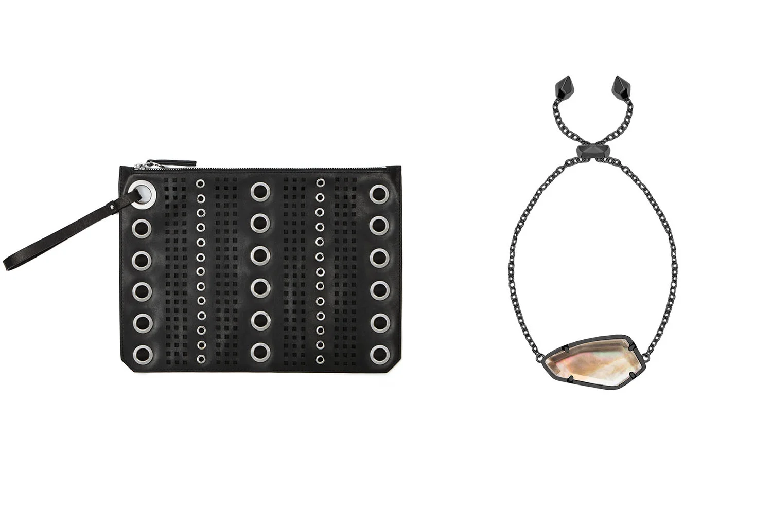 Etienne Aigner clutch, $89; etienneaigner.com . Kendra Scott bracelet, $70; k endrascott.com .