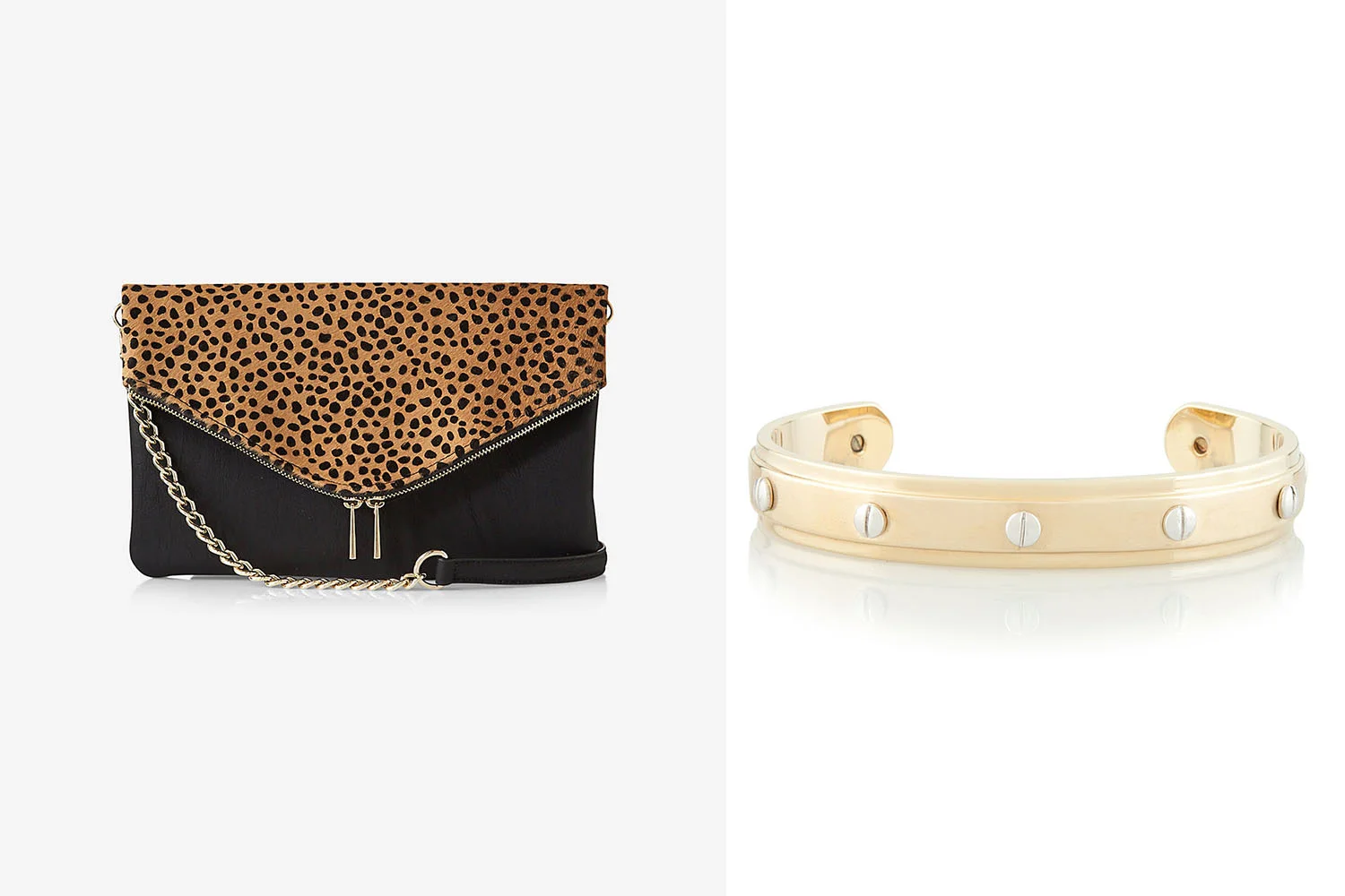 Express clutch, $49.90; express.com . Henri Bendel bracelet, $78; henribendel.com .