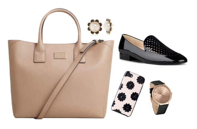 Handbag: Mango "Saffiano-effect Tote" bag, $69.99; mango.com. Earrings: Kate Spade New York "Gold-Tone Taking Shapes" flower stud earrings, $58; belk.com. Shoes: Nine West "Nyessa" pointed oxford flats, $89; ninewest.com. Watch: Rumbatime "Soho" patent leather gold watch, $60; marissacollections.com. Phone Case: Kate Spade New York "Jeweled Brush Floral" iPhone 7 case, $45; ebags.com.