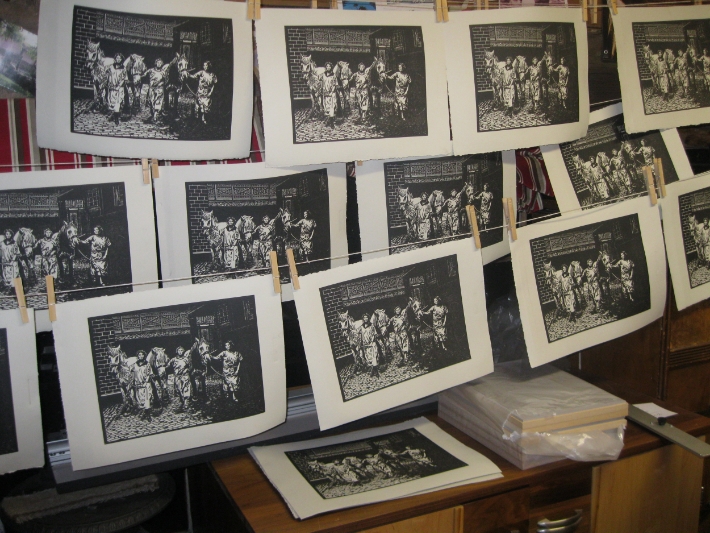  The finished prints hanging to dry.