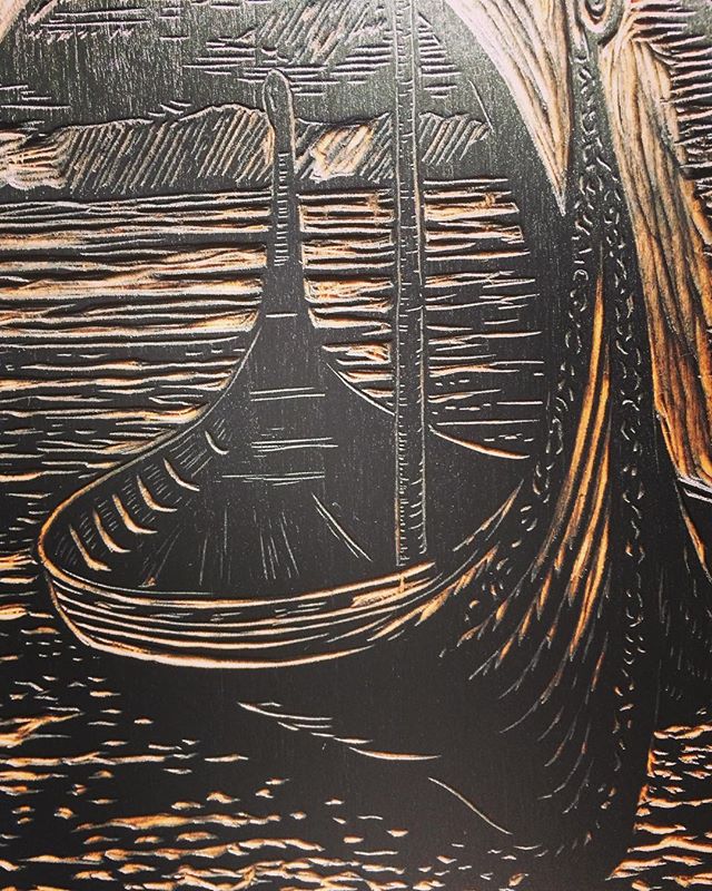 Excellent to be carving a woodcut again! Here is a detail from a newly finished commission. Already have ideas for the next print! #woodcut  #vikingship #vikingmuseum #reliefprint #caligoink #printmaking