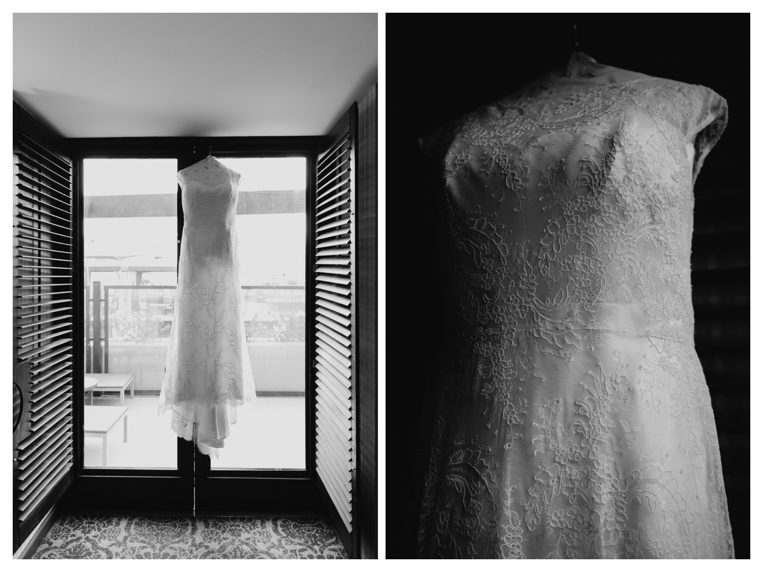 a wedding dress hangs in open doorway