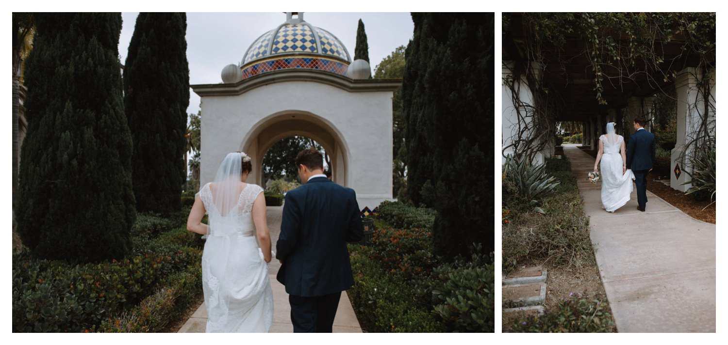 A bride and groom walk together at Balboa Park in San Diego