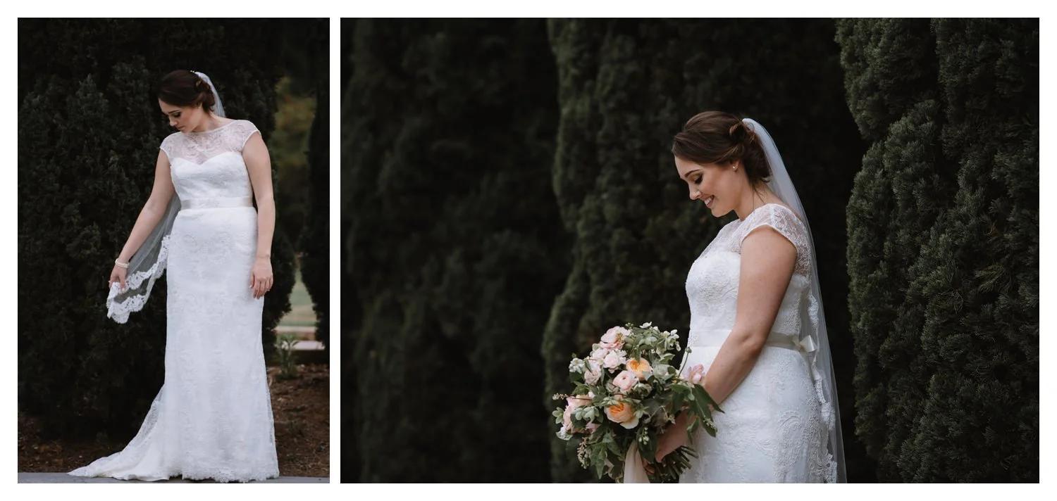 a bride inspects her wedding dress