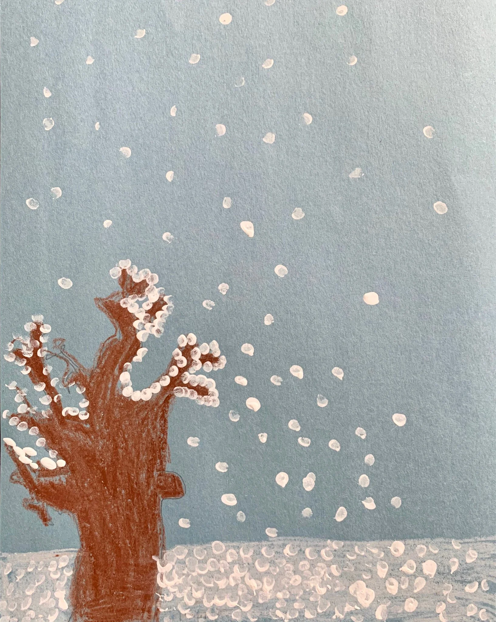 2nd and 1st grade artists created winter mixed media trees inspired by Grandma Moses’ landscape paintings.  Artists explored space through the use of a horizon line.