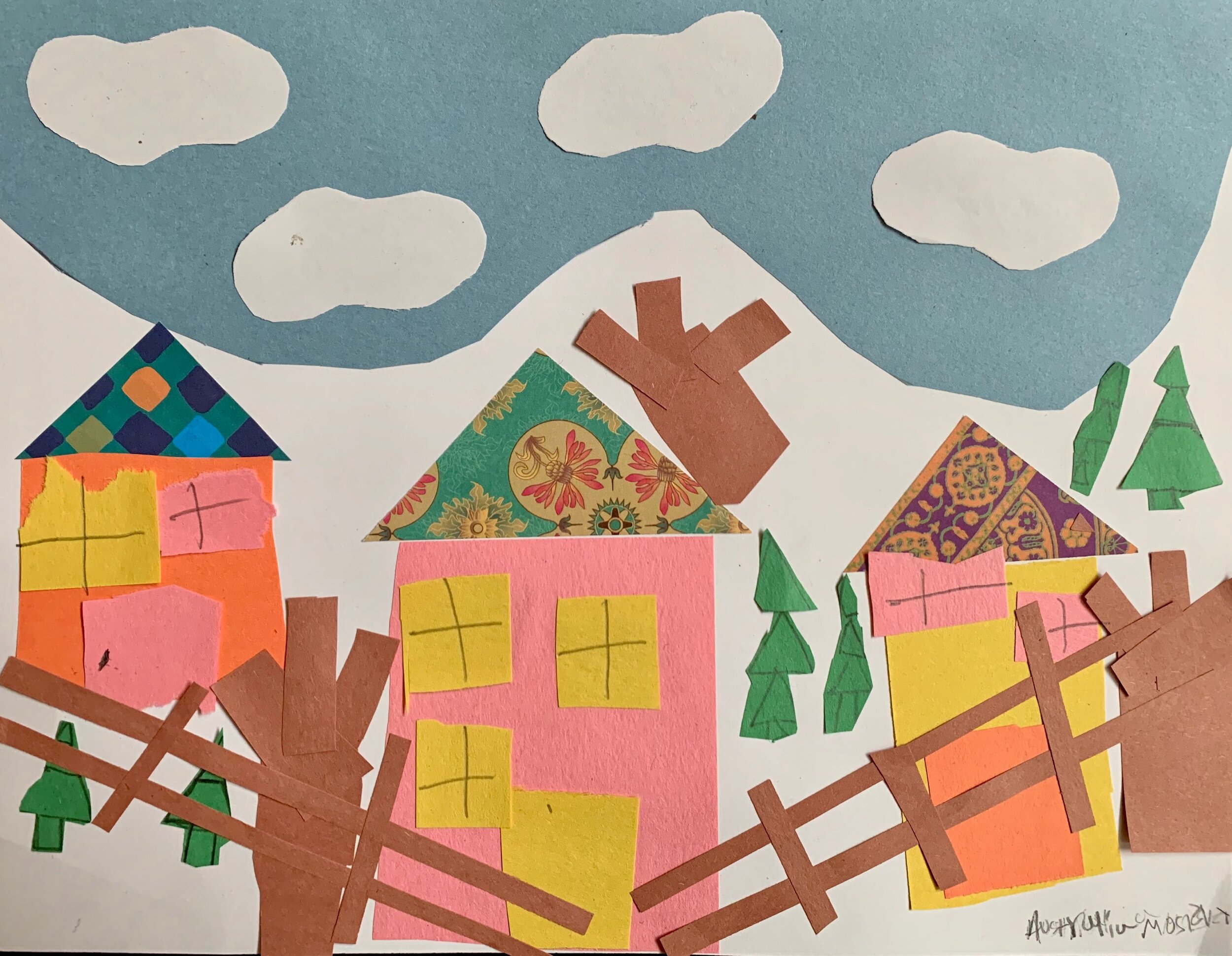 4th and 3rd grade artists created winter collages inspired by Grandma Moses’ landscape paintings. Artists explored space through the use of foreground, middle ground, and background.