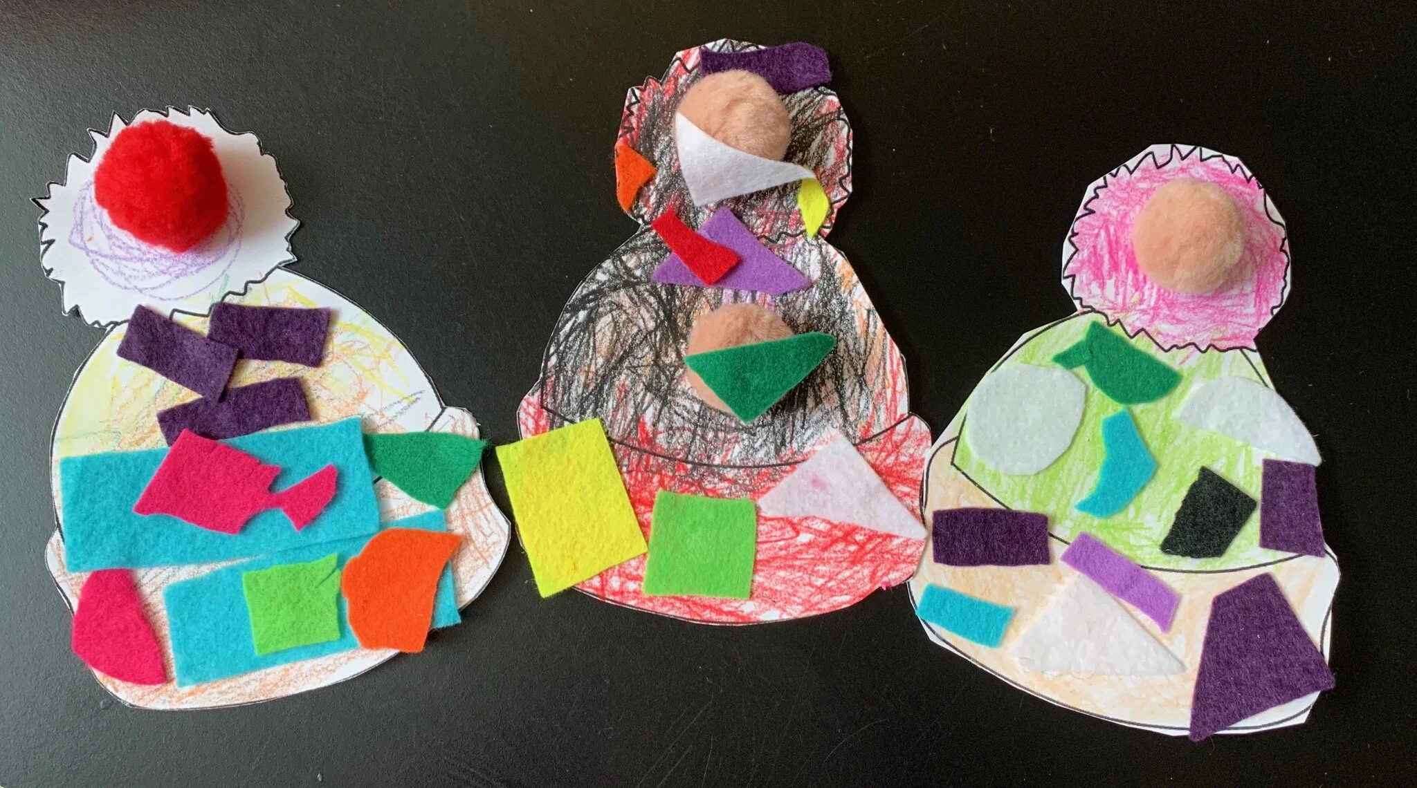 Pre-K and Kindergarten artists created winter hats and snowflakes inspired by Grandma Moses’ paintings. Artists explored texture, line, and shape through the use of different materials.