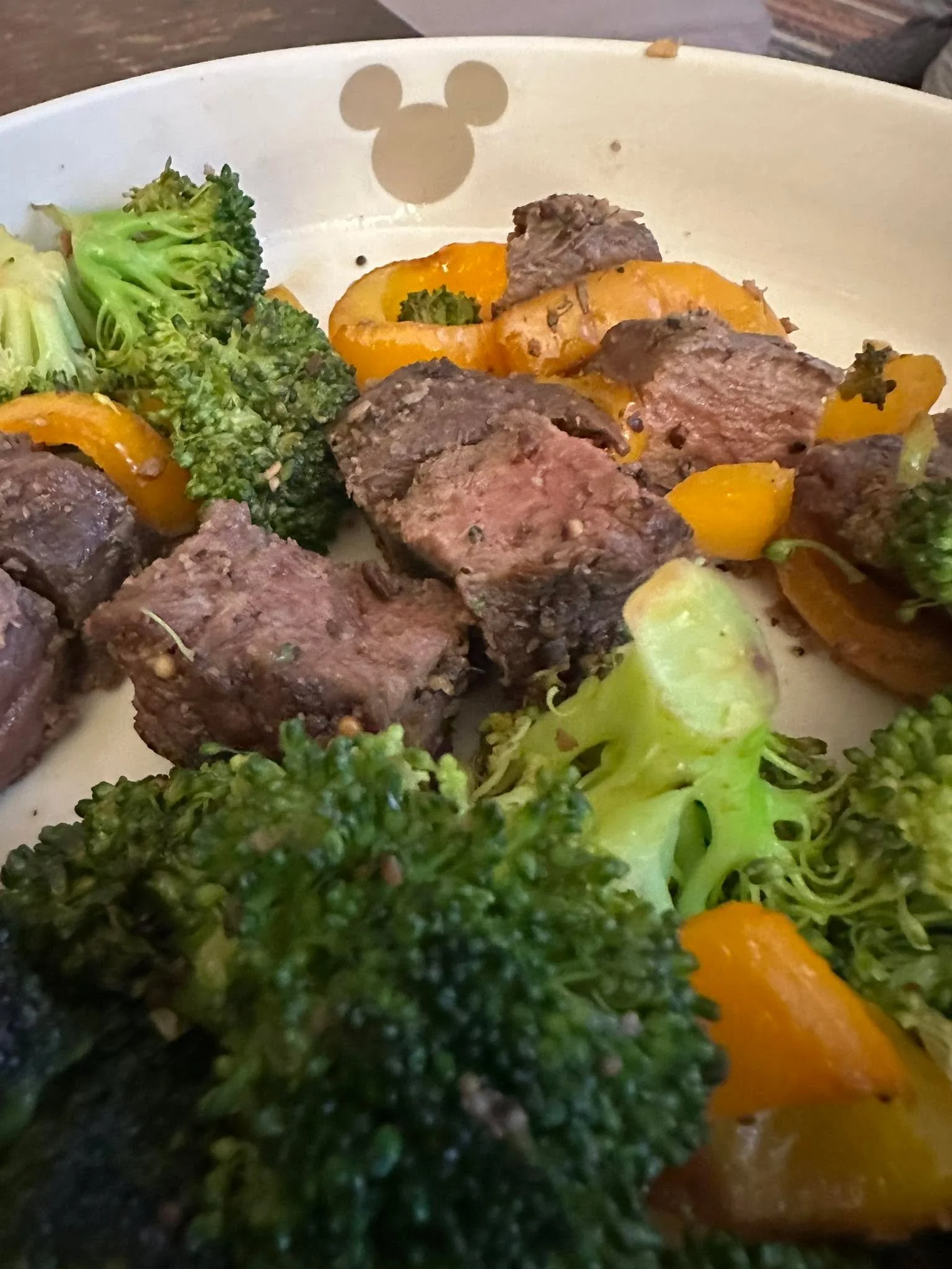 Broccoli, peppers, garlic and grilled bison steaks from Elk Ridge Ranch NM