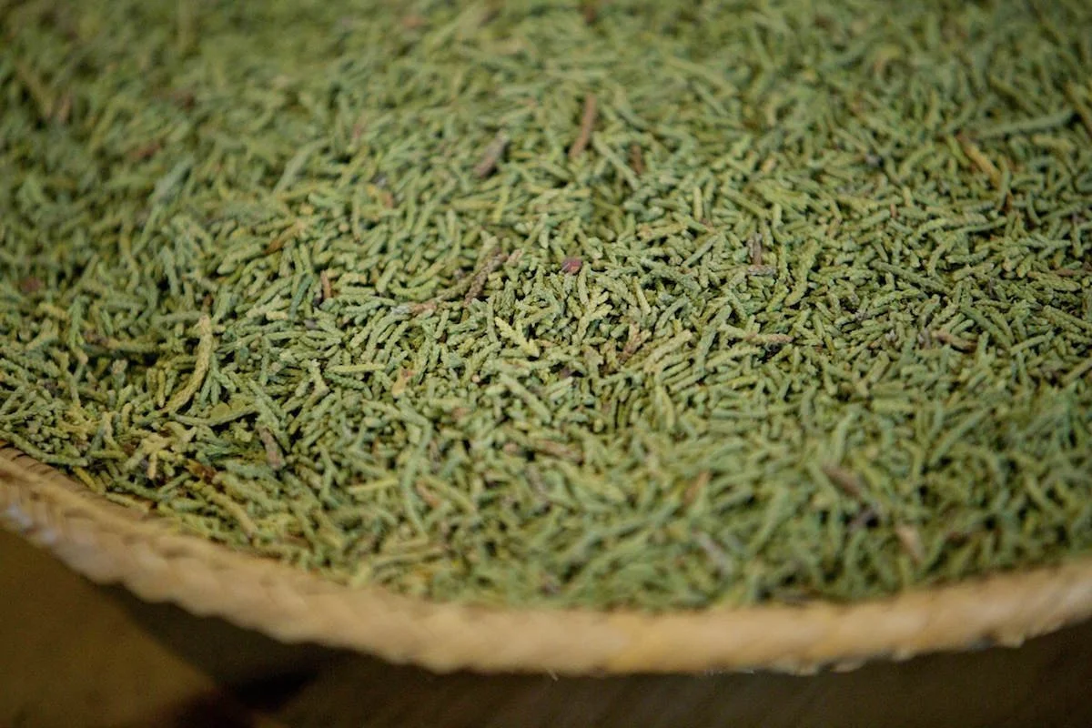 Close-up of a woven basket filled with dried green herbs.