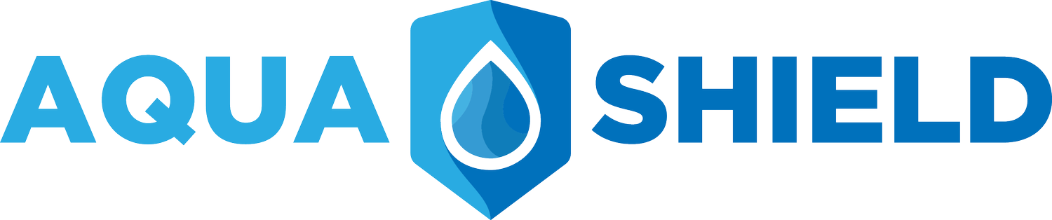 AquaShield logo with the words Aqua Shield and a shield with a water droplet in the center.