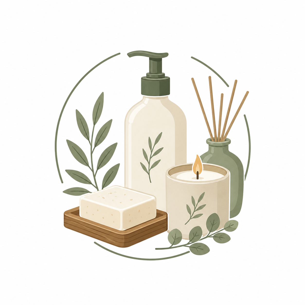 Illustration of bath and spa products, including a soap bar on a wooden tray, a pump bottle, a candle, and diffuser bottles with reed sticks, surrounded by green botanical accents.