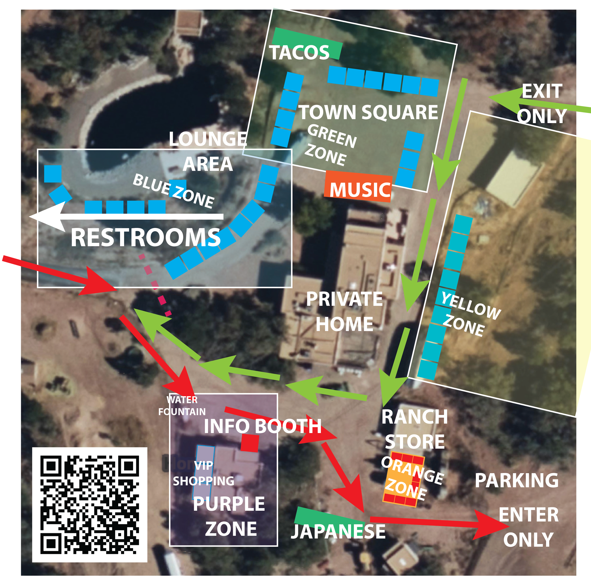 A map of an outdoor event with zones for food, music, restrooms, and other attractions. It includes directions for entry, exit, and pathways through the site, with labels for different zones such as Tacos, Town Square, Lounge Area, Blue Zone, Yellow Zone, Purple Zone, Orange Zone, and a ranch store. Key features include restrooms, an info booth, a water fountain, parking, and a private home. Arrows indicate movement directions, and there is a QR code in the bottom left corner.