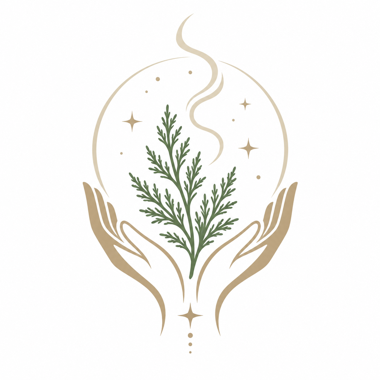 Minimalist illustration of hands holding a green pine branch, with decorative stars and swirls surrounding it.