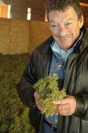 Joshua Peine smiling and holding a piece of greenery outdoors at night.