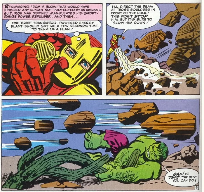 Iron Man uses silver age science gadgets and the hulk grabs a cactus.