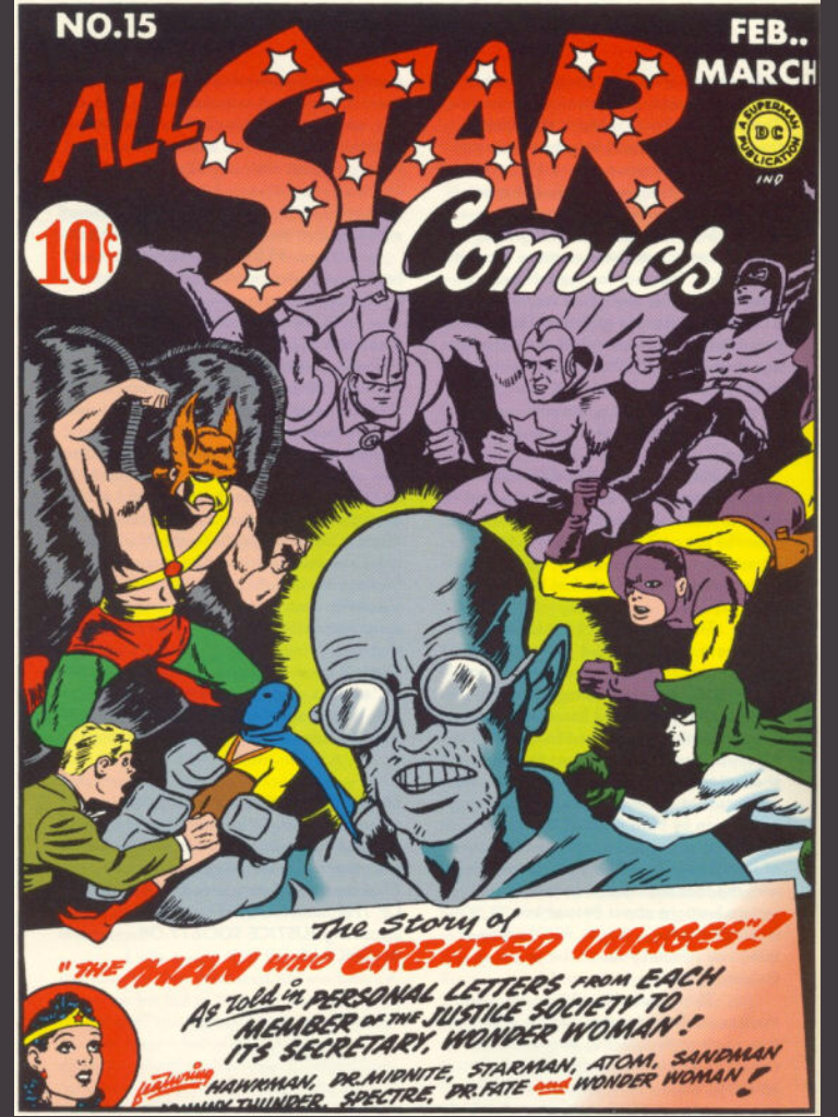 Random bald scientist vs the Justice Society and their secretary.
