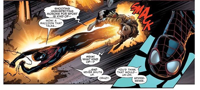 Thankfully miles morales spider-man shows up to save this thing.