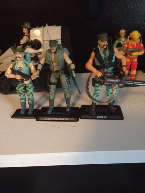 Here is gung-ho with his 25th and 50th anniversary updates. the 50th anniversary update is one of my favorite figures. just look at that gun! they took an already ridiculous figure and made him even more over the top. mean while, the 25th anniversary figure seems rather muted despite giant ammo strapped to his leg.
