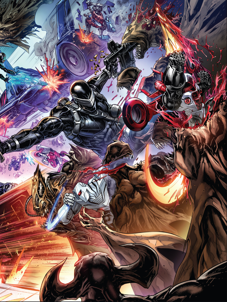 ROM, Snake Eyes, and the Transformers battle M.A.S.K. and the Dire Wraiths.