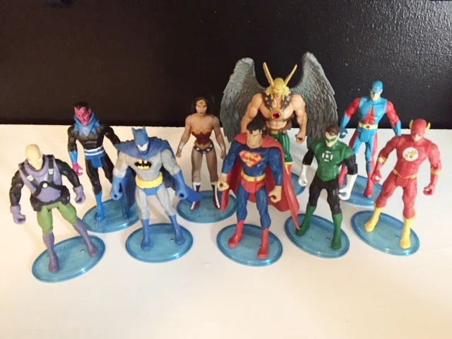 Lex Luthor, Sinestro, Batman, Wonder Woman, Superman, Hawkman, Green Lantern, The Atom, The Flash