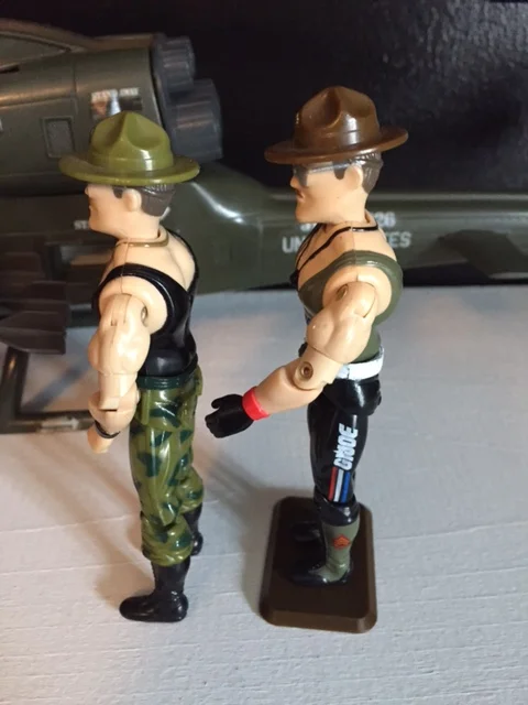 the sgt. slaughter action figure was NOTICEABLY taller and had more muscular arms that any other G.I. Joe figure up to that point. his campaign hat even added more height to his already elongated frame.