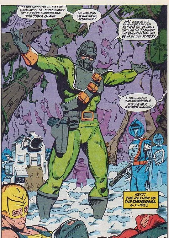 yes, in later years of the original run of Marvel Comics G.I. Joe: A Real American hero, they took one of the best costumes they had and changed it to this green and grey monstrosity. but it gets even worse... they unmask firefly to reveale... 