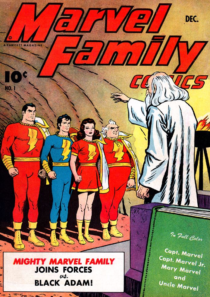 the popularity of captain marvel in the 1940's saw the spin off of an entire marvel family including captain marvel, jr., mary marvel, uncle dudley, and others. captain marvel, jr. was a favorite of elvis presely who took his lightning bolt T.C.B. logo and cape from his childhood love of the character.