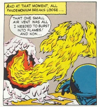 at this stage of the marvel universe, the human torch is still drawn featurelessly and simply.
