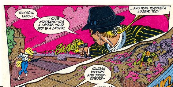 The headman guns down the Crimson GUARDSMAN'S widow. again, every trick in the book was used to make the Headman hateable. He was often depicted shooting women or people in the back and using callous language. Creators went to no short lengths to ensure the Headman had no redeeming qualities. 