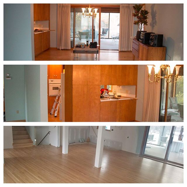 Before and After remodel in progress. Opened the space and refinished beautiful original hardwood floors.