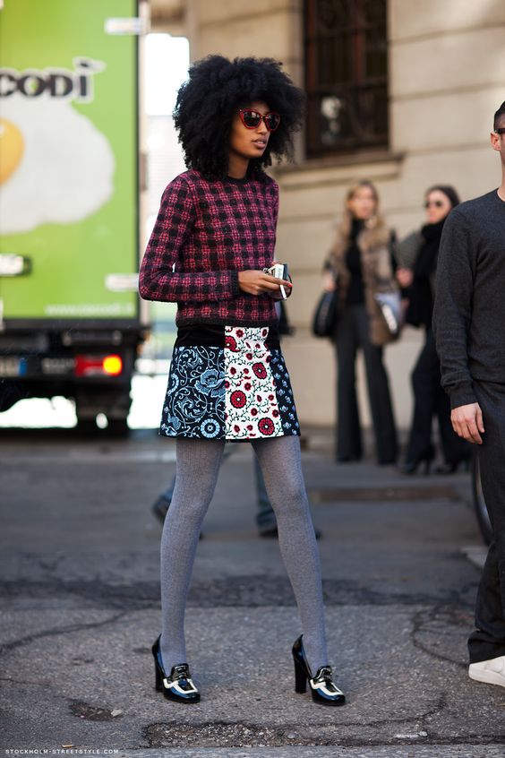 Julia Sarr Jamois shows another style trick. WINTER TIGHTS AND MIX PRINTS WITH A WARMER PRINTED FABRIC LIKE WOOL