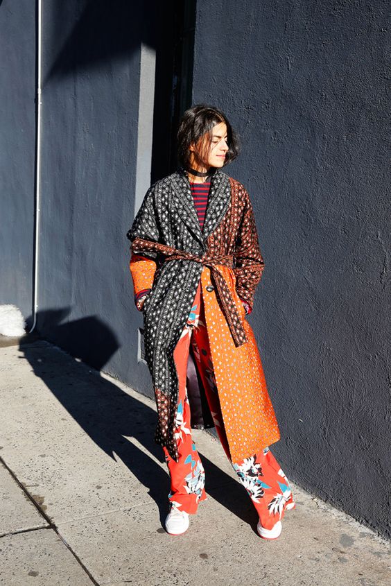 Leandra Medine founder of the Manrepeller Gives the printed coat for fall style