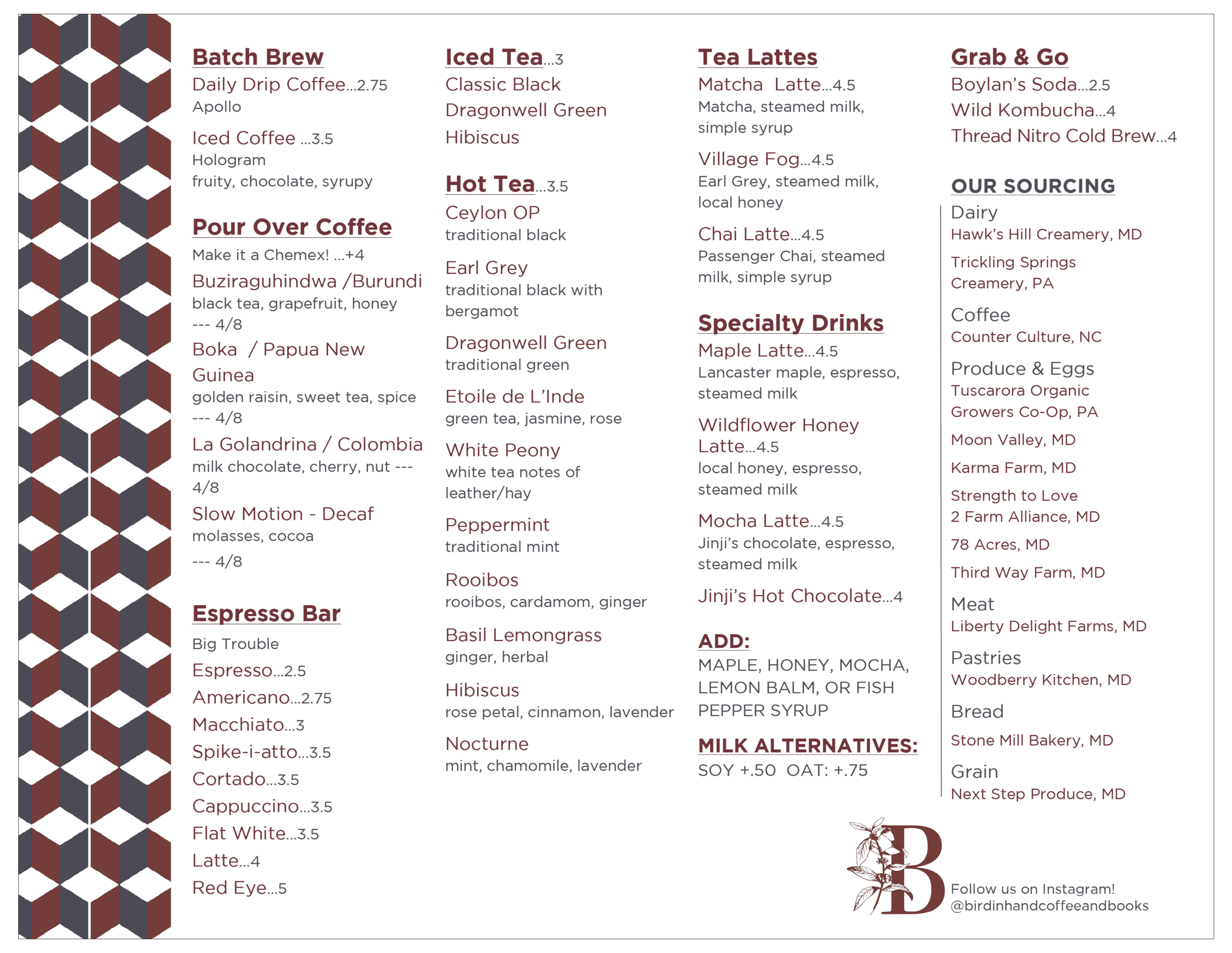 Bird In Hand Menu