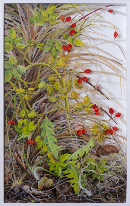 Rosehips with palm fronds, October, 60cm x 38cm, Verre Églomisé/ painting on glass, Yanny Petters 2015