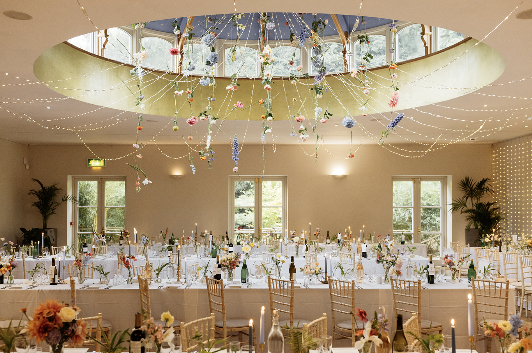 Nice Bunch Ethical Floral Studio and Farm Sula and Oliver Jones The Matara Centre Hilarum Dome Floral Cascade Installation  Wedding Shot By The Georges Photography