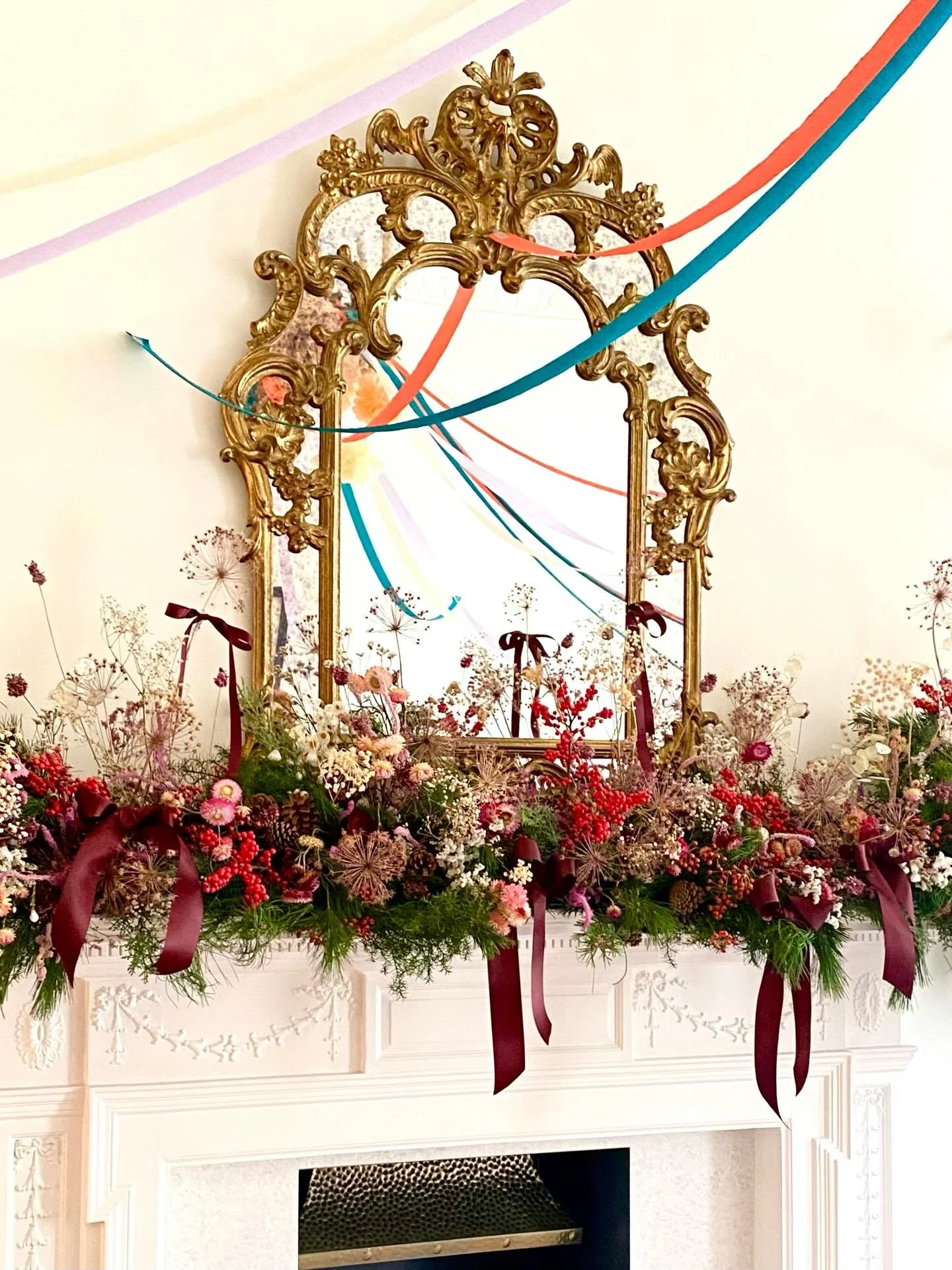 Thank you for inviting us to make up your beautiful mantelpiece for Christmas @gideonsummerfield made up of a combination of fresh pine, ilex berries and dried flowers from our Somerset flower farm 🎄