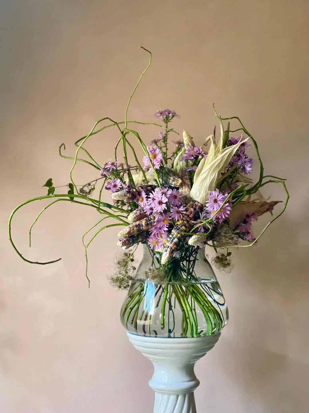 One from the Autumn, when Sula&rsquo;s parents (and career horticulturalists) Durgadas and Harisudha surprised us with rainbow corn, grown for us at Tiverton Castle. Paired with Michaelmas daisy and rambling rose to create a rather fun vase arrangeme