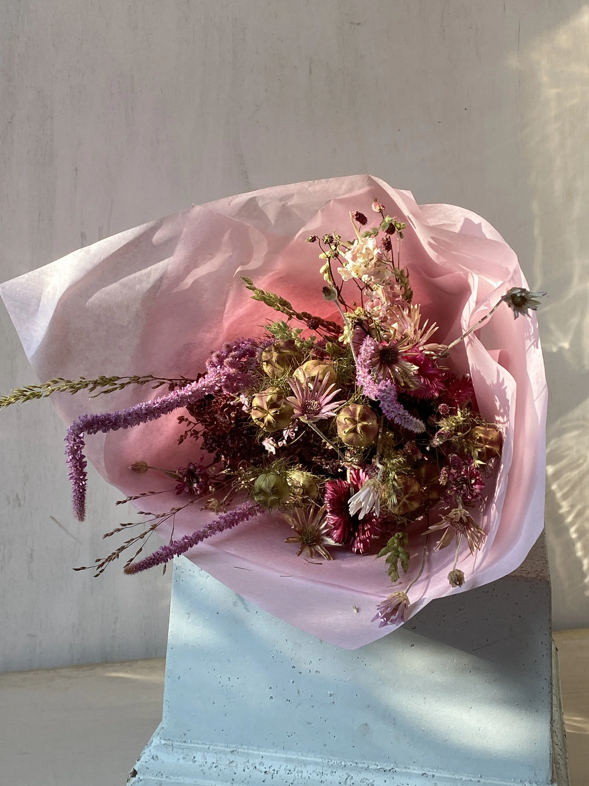 Everlasting flower arrangement - mauves and pinks