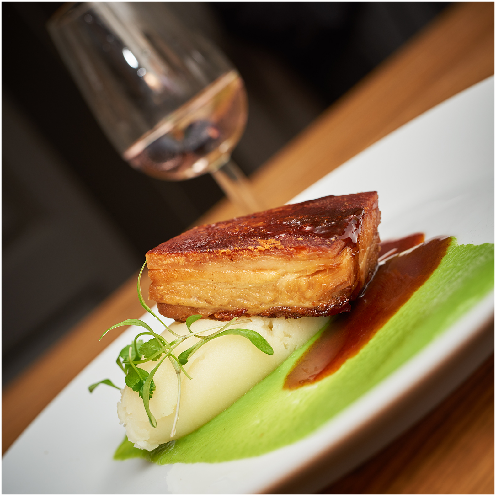 Main course; slow cooked belly pork and mashed potato