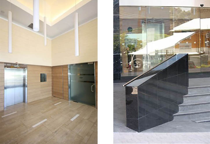 Foyer Floor - Travertine Filled and Honed Entry Feature Granite - Black Galaxy 600 x 600mm Wall Tile - Travertine Ceramic 300 x 600mm Matt Feature Wall Timber Tile - Travola Castagno 1200 x 195mm