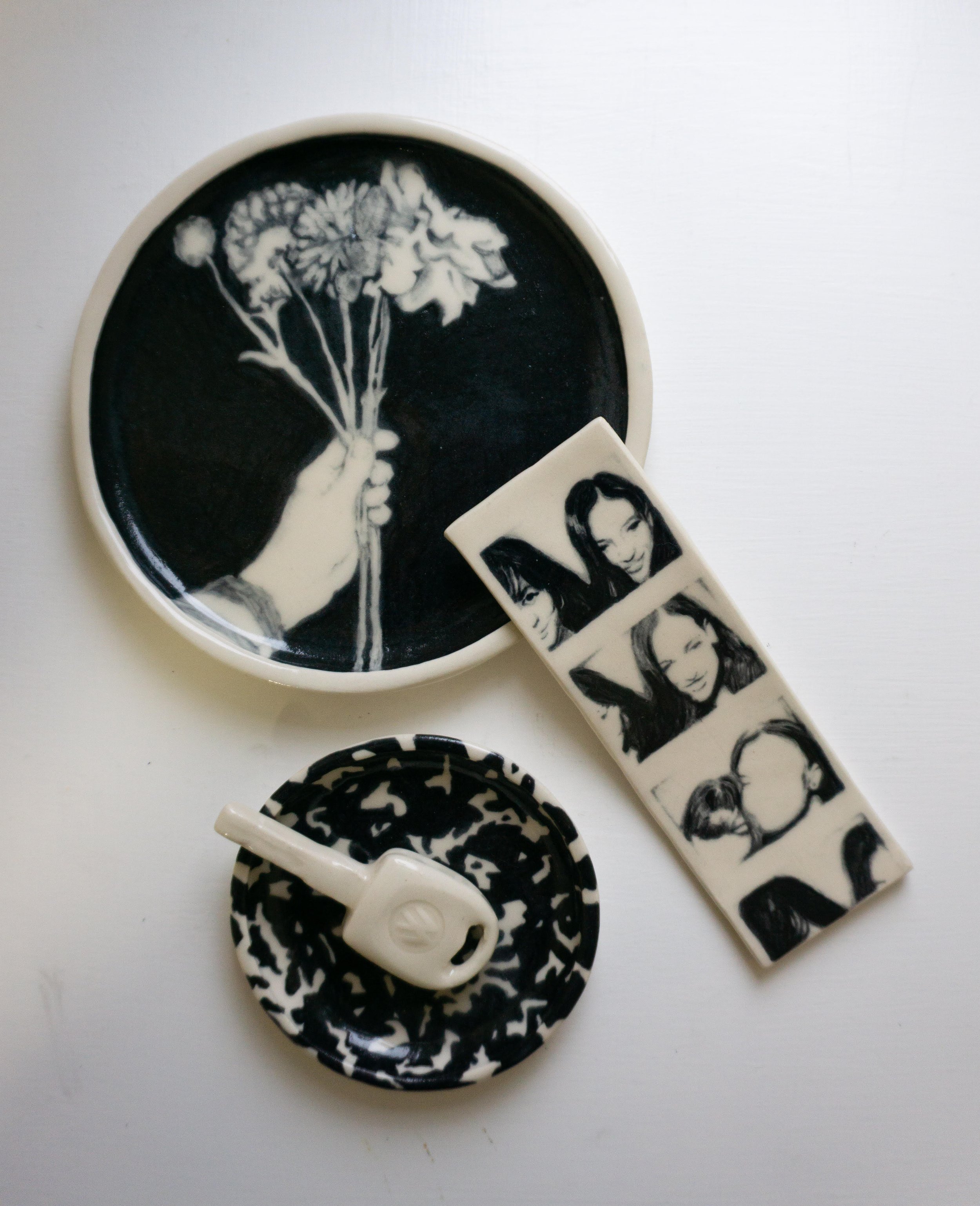hand-painted underglaze on slip cast and handbuilt ceramics