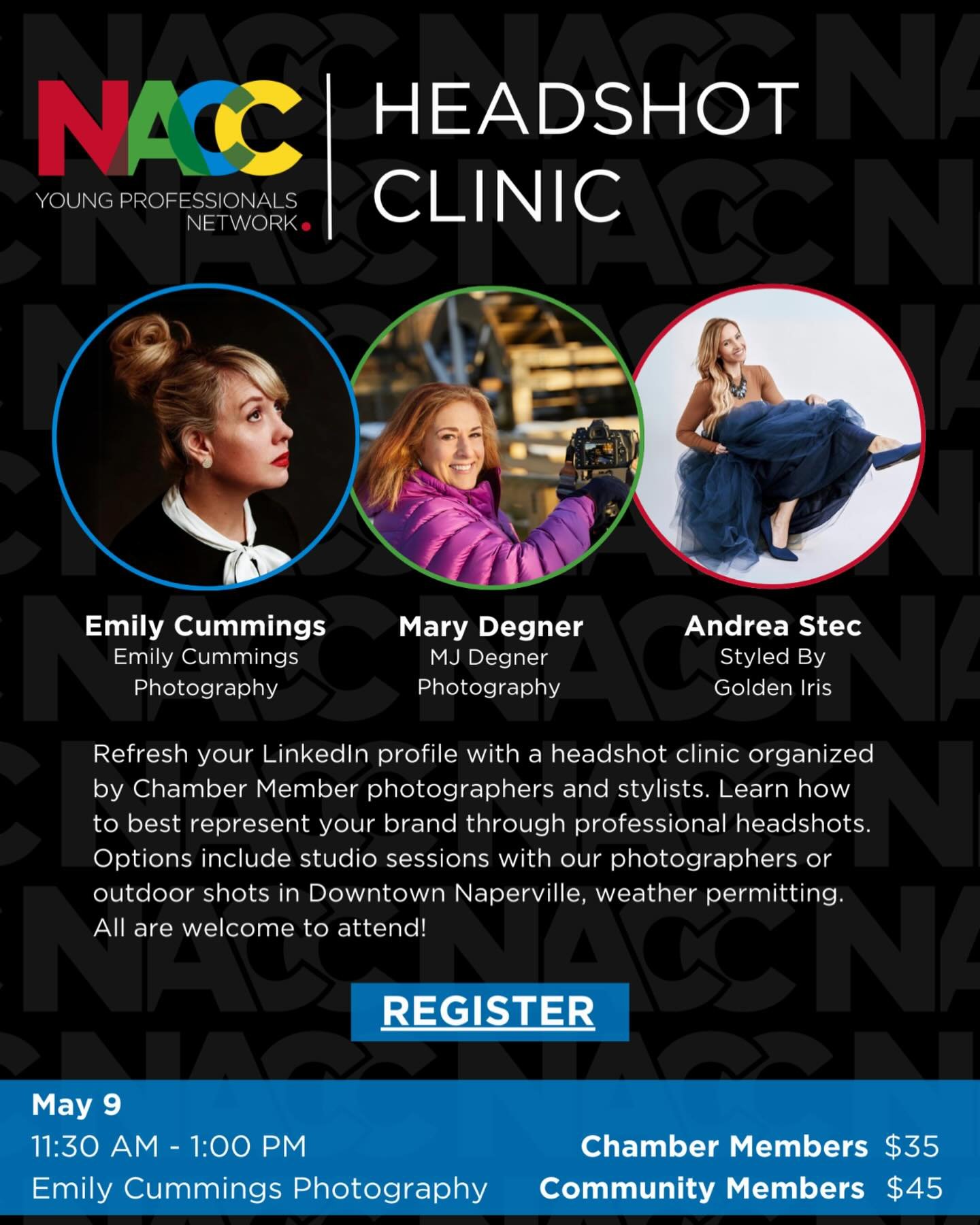 Don&rsquo;t miss the chance to freshen up your professional image at the NACC Headshot Clinic on May 9th at Studio 25 Naperville. Our Chamber Member photographers (yup, including @emilycummingsphotographer!) and stylists are ready to help you shine, 
