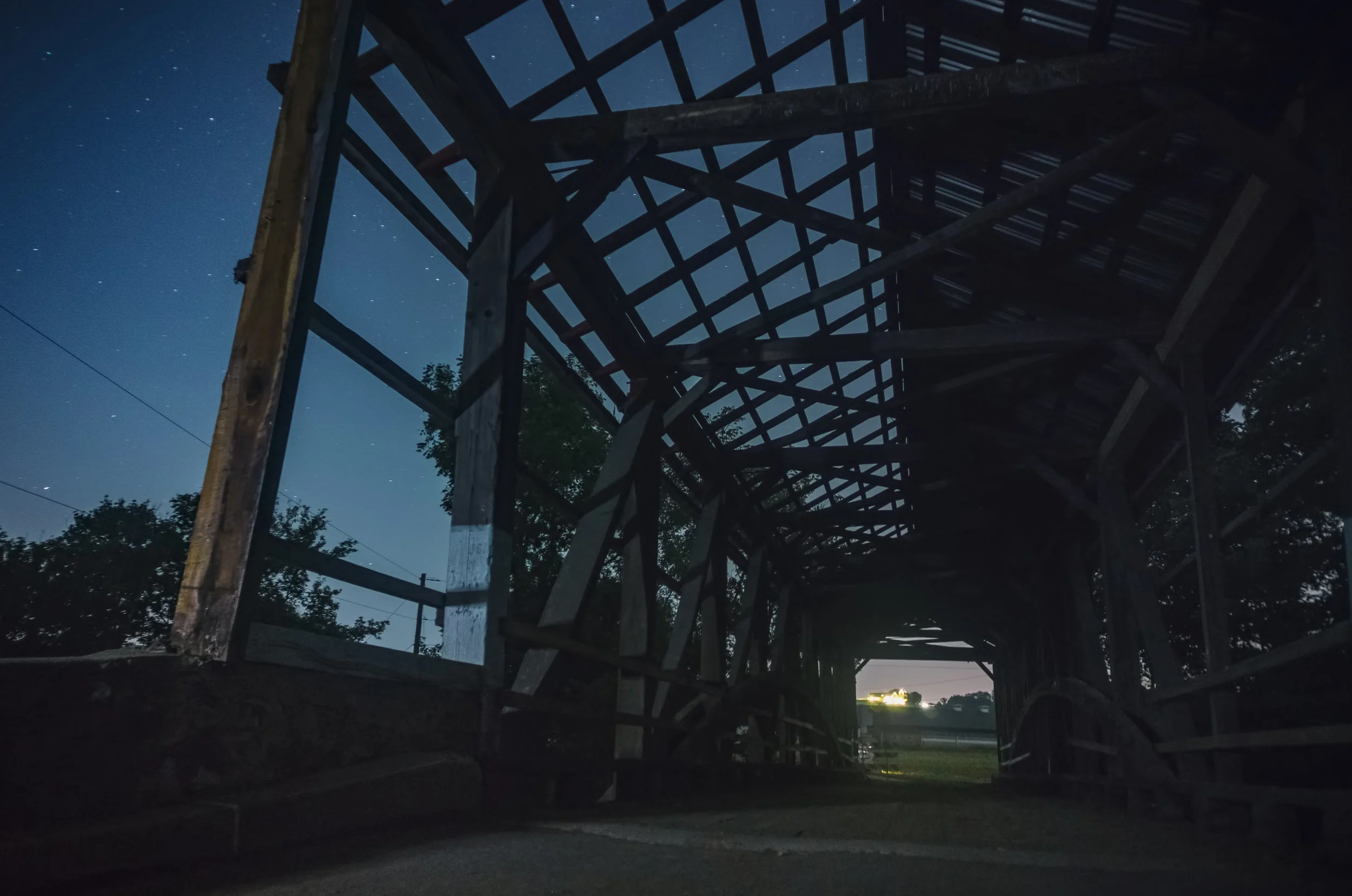 Stars through the roof of the Covered Bridge on Cats Back Road.