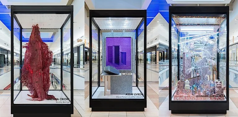 Fashion Outlets of Chicago. Artwork by artists (from L to R) Nnenna Okore, Assaf Evron, Leonard Suryajaya. Photograph by Jim Prinz.