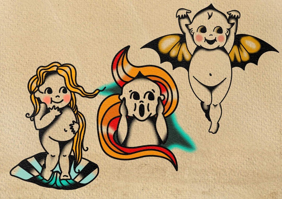 Some artistic Kewpies made by our apprentice @karmenvaladezart ✨ 

 #kewpie #kewpieart #tattooart #tattooflash #kewpieflash #tattooapprentice #apprenticeart #apprenticeartist