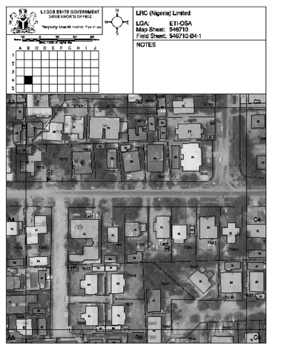 A 200 sq.m field sheet showing uniquely identified plots and buildings.